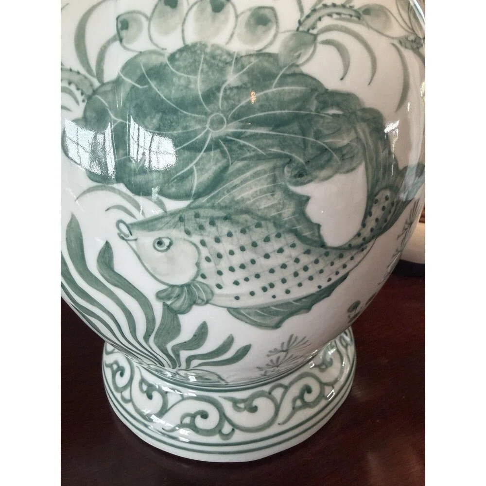 Vintage Wine Ewer Cadogan Puzzle Teapot Green and White Fish Chinoiserie Decor